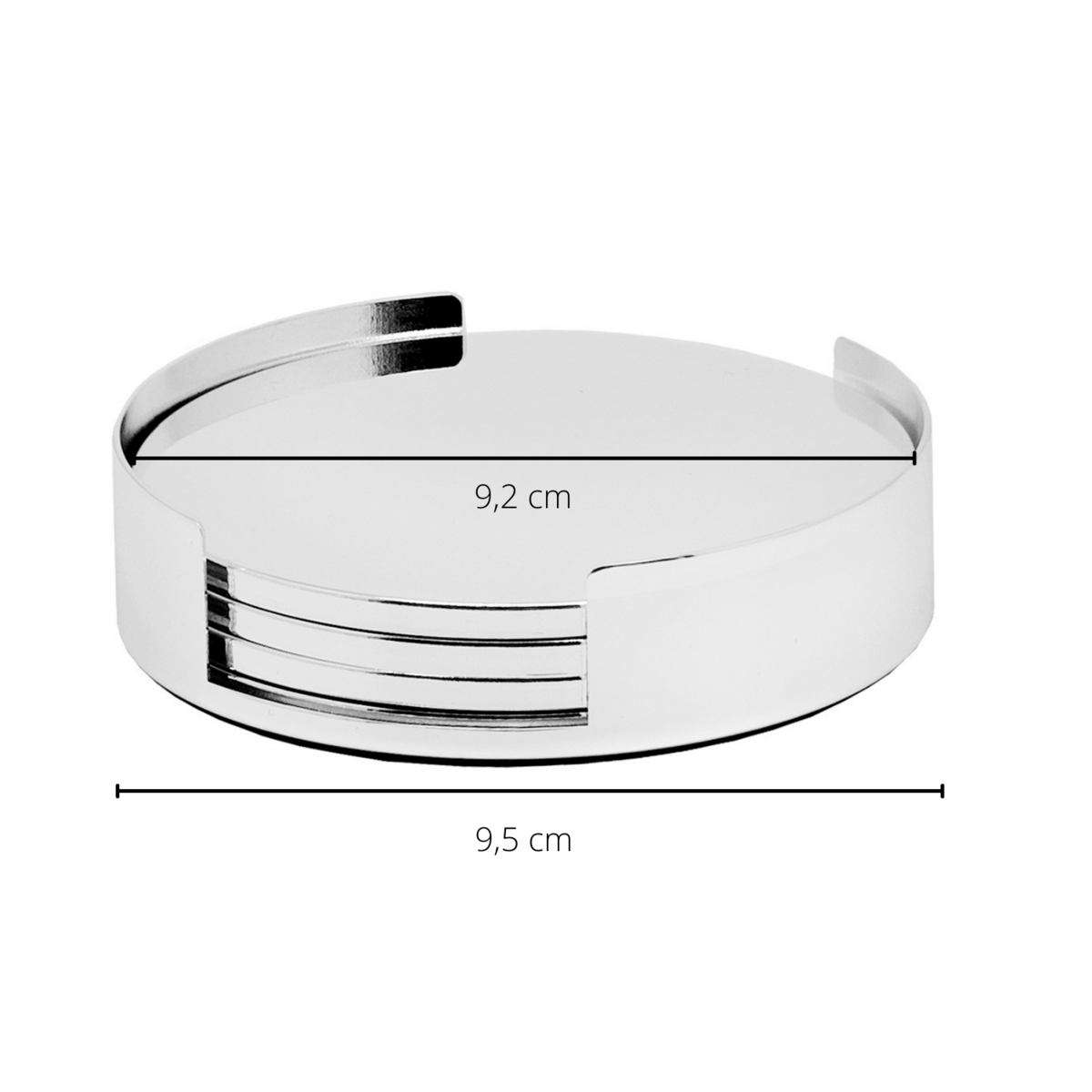 Silver plated coasters stacked with measurements on a white background