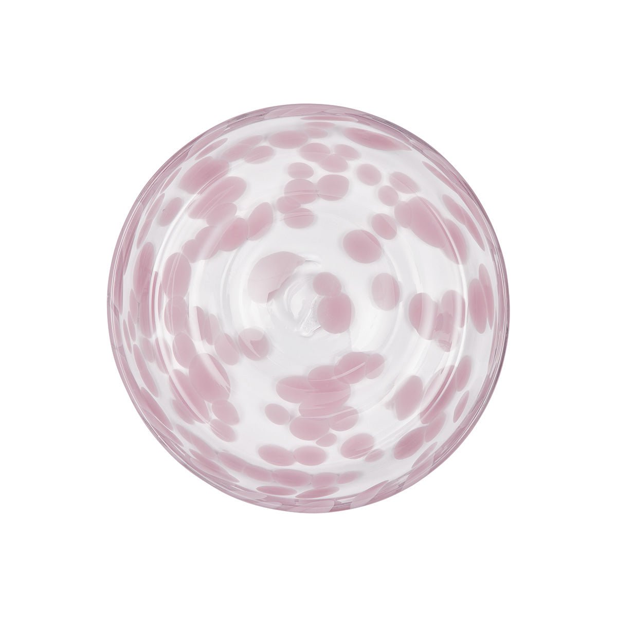 Round glass bowl with pink speckled pattern on a white background