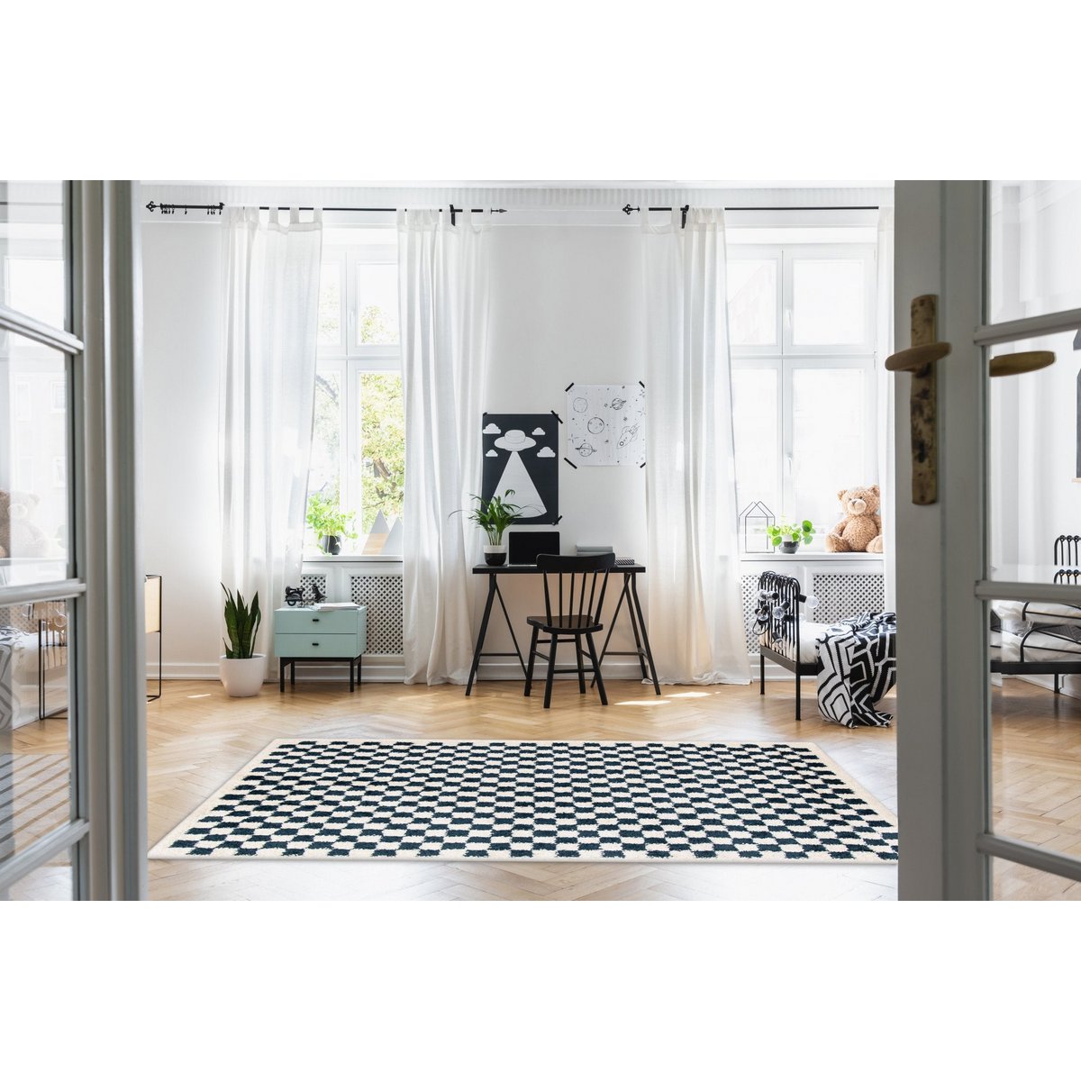 Soft and bulky chequered rug - Blue