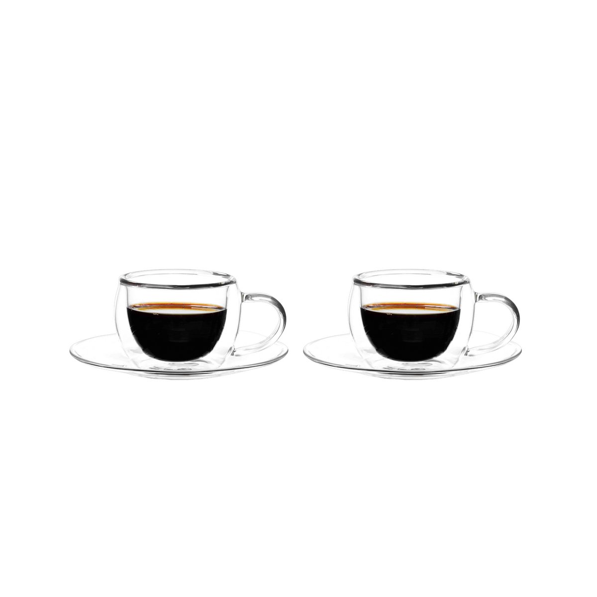 Two clear glass coffee cups with black coffee on a white background