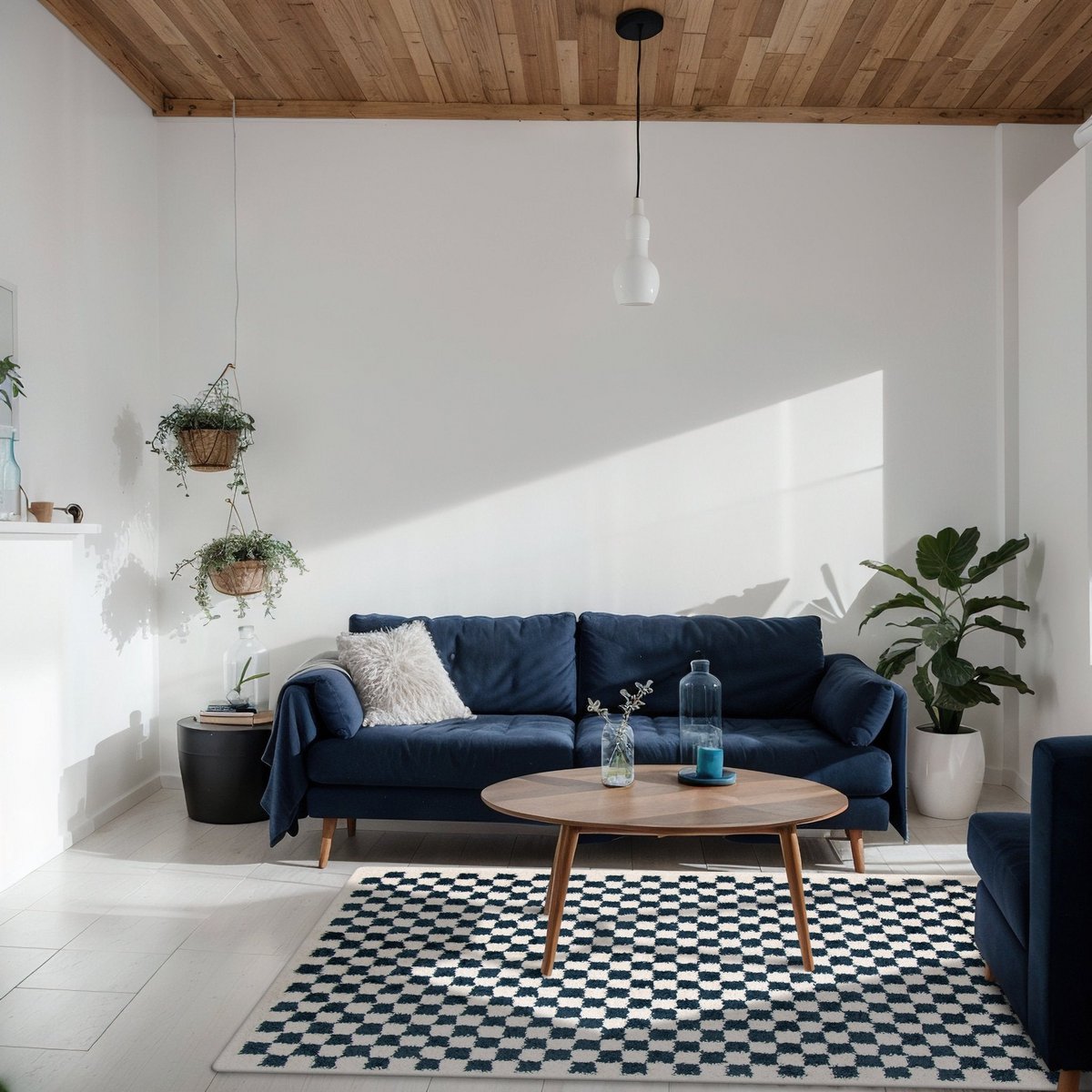 Modern living room with a blue sofa, wooden coffee table, and decorative plants.