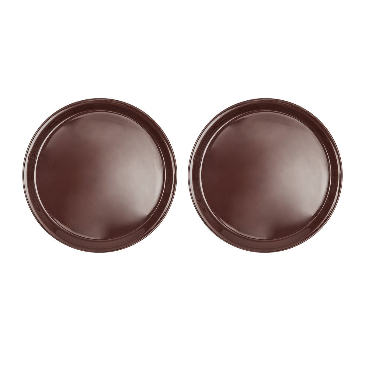 Two terracotta round dinner plates on a white background