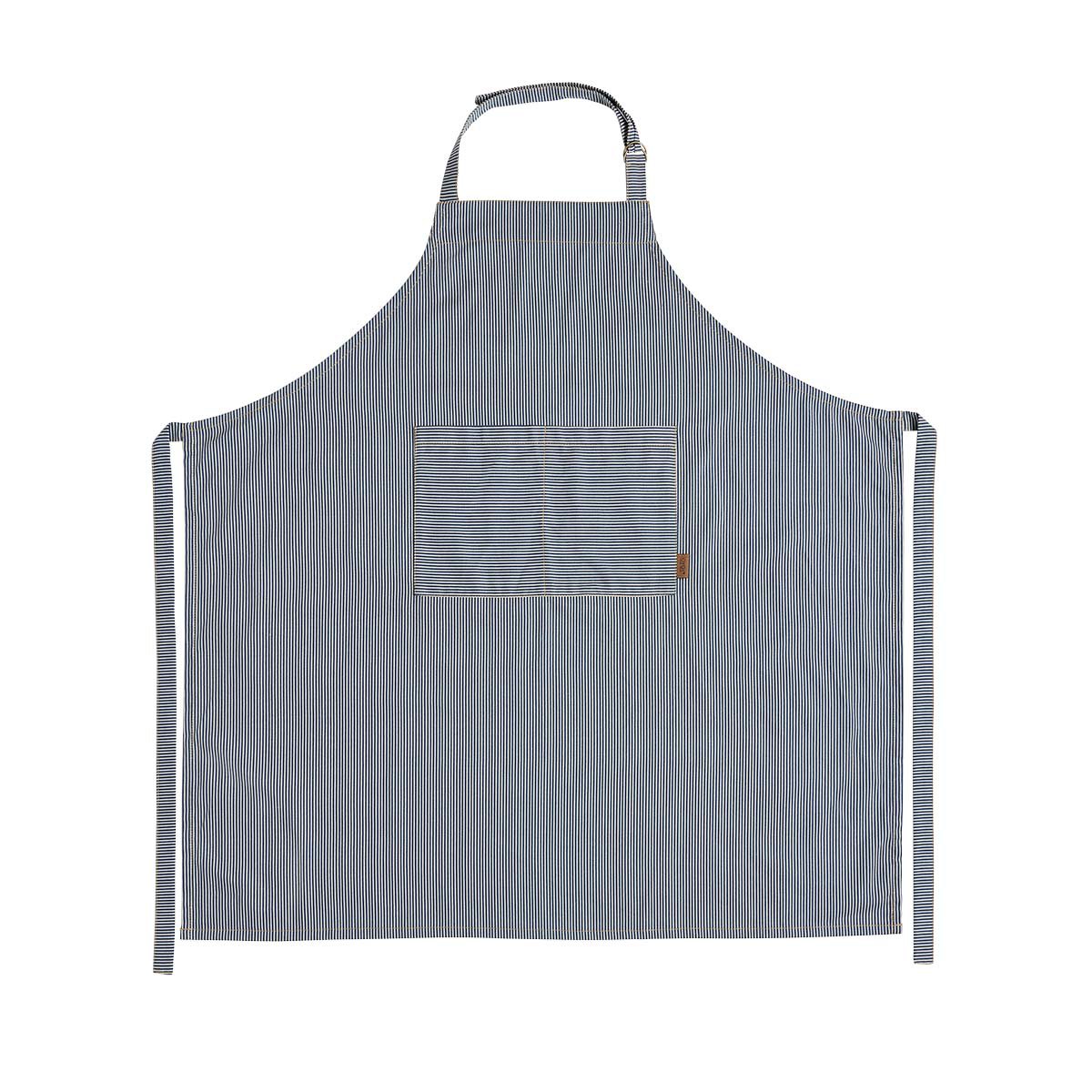 Blue striped apron with a pocket on a white background