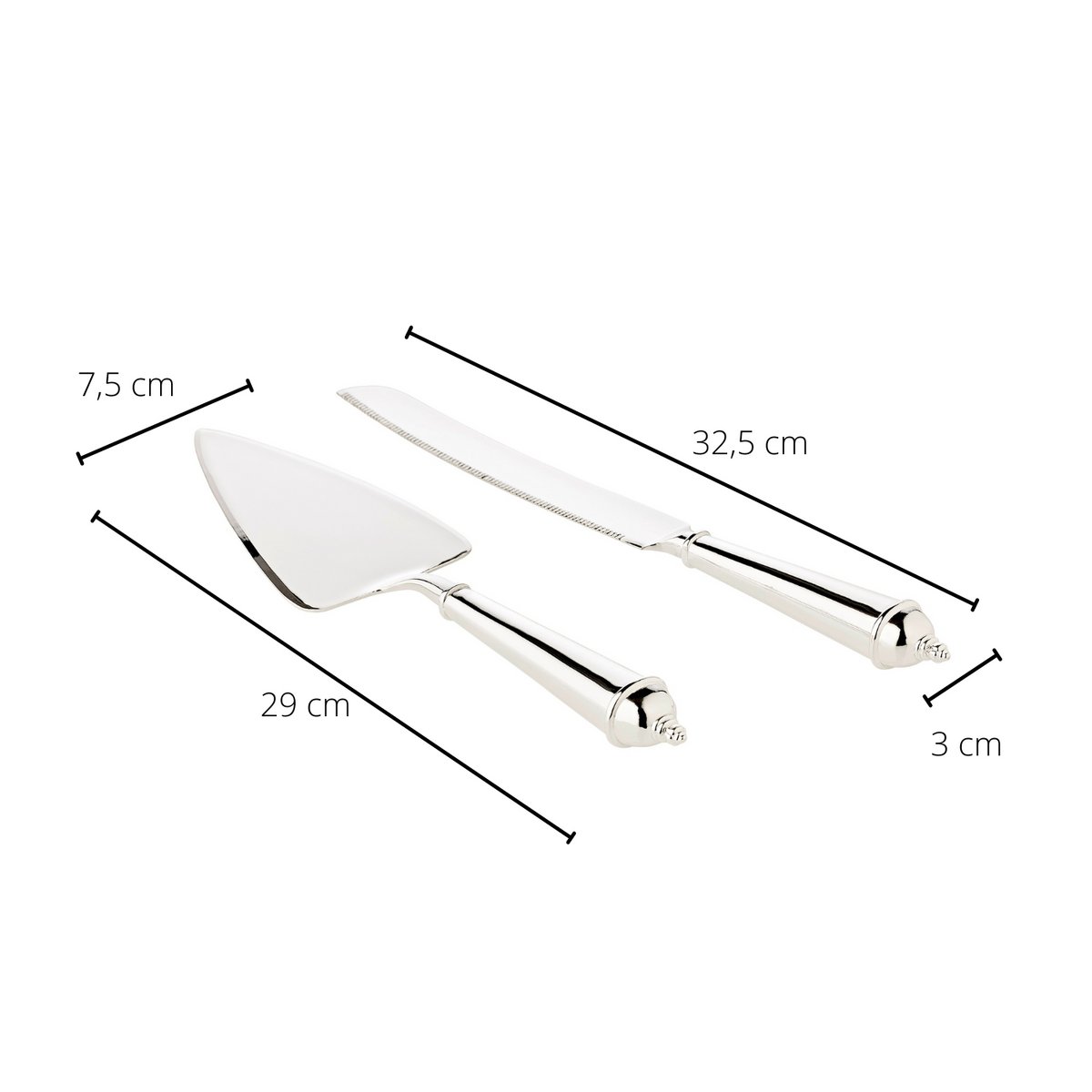 Silver cake server set with measurements on a white background