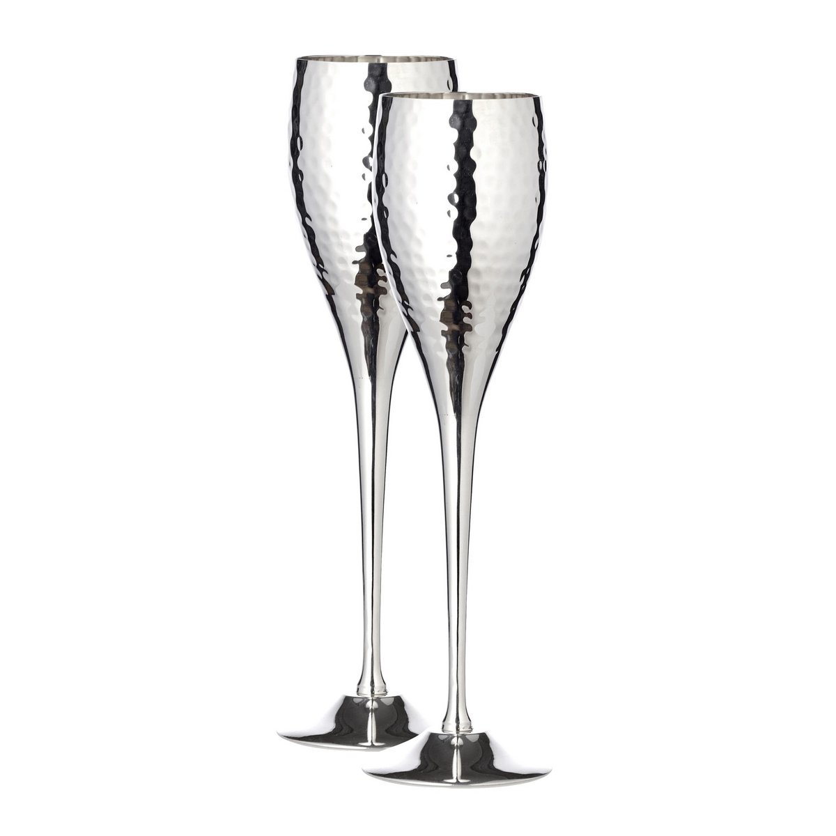 Two silver champagne flutes with a textured design on a white background