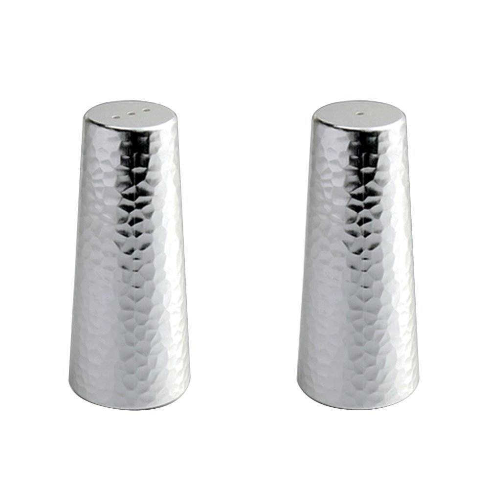 Two silver salt and pepper shakers with a hammered texture on a white background