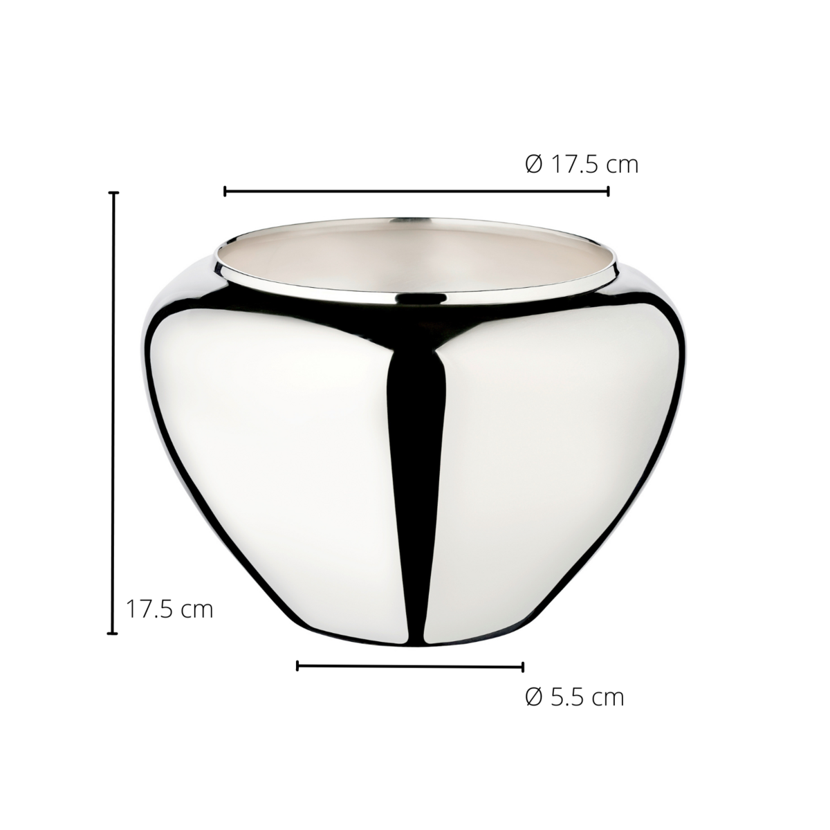 Silver vase with dimensions labeled on a white background
