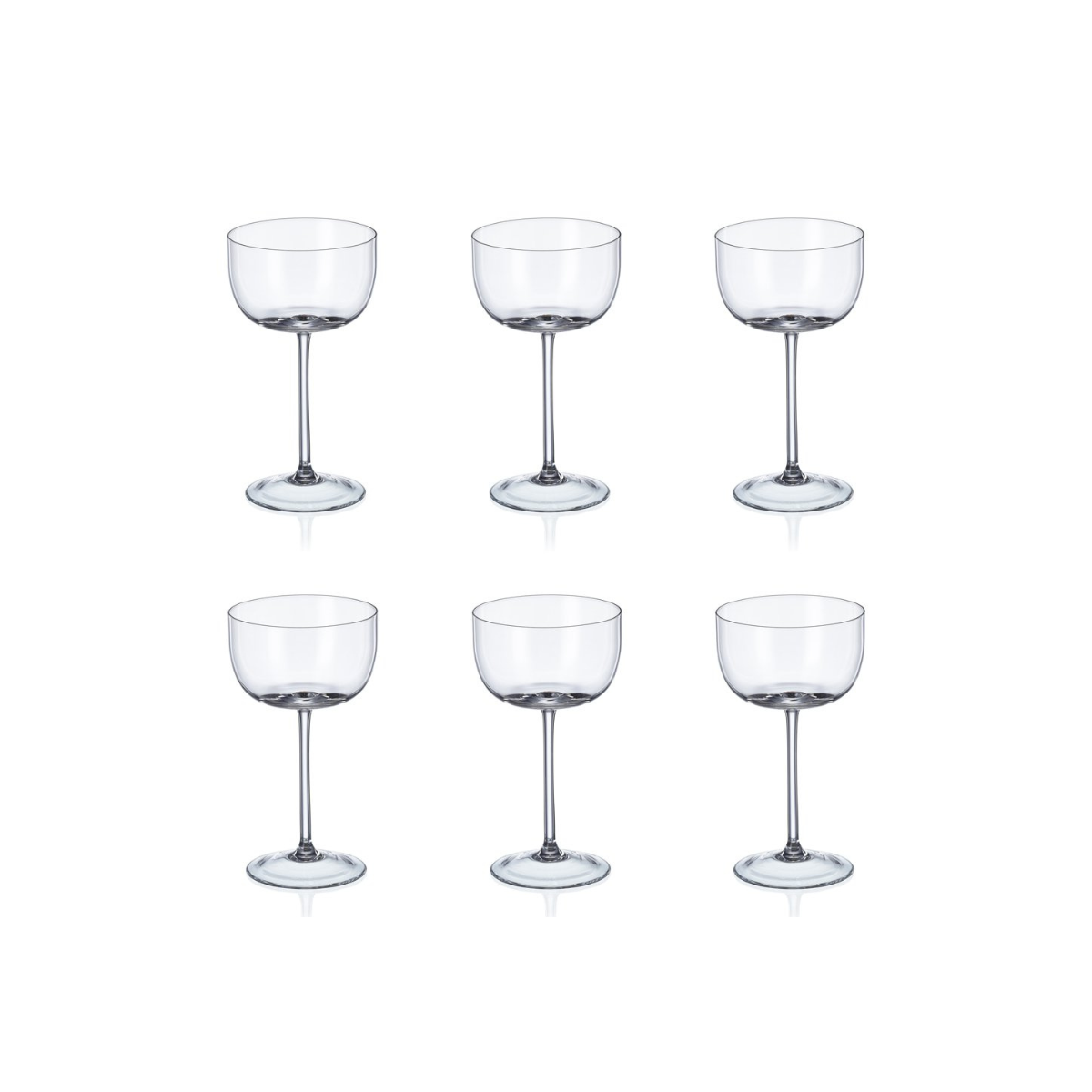 Set of six clear glass wine champagne glasses on a white background