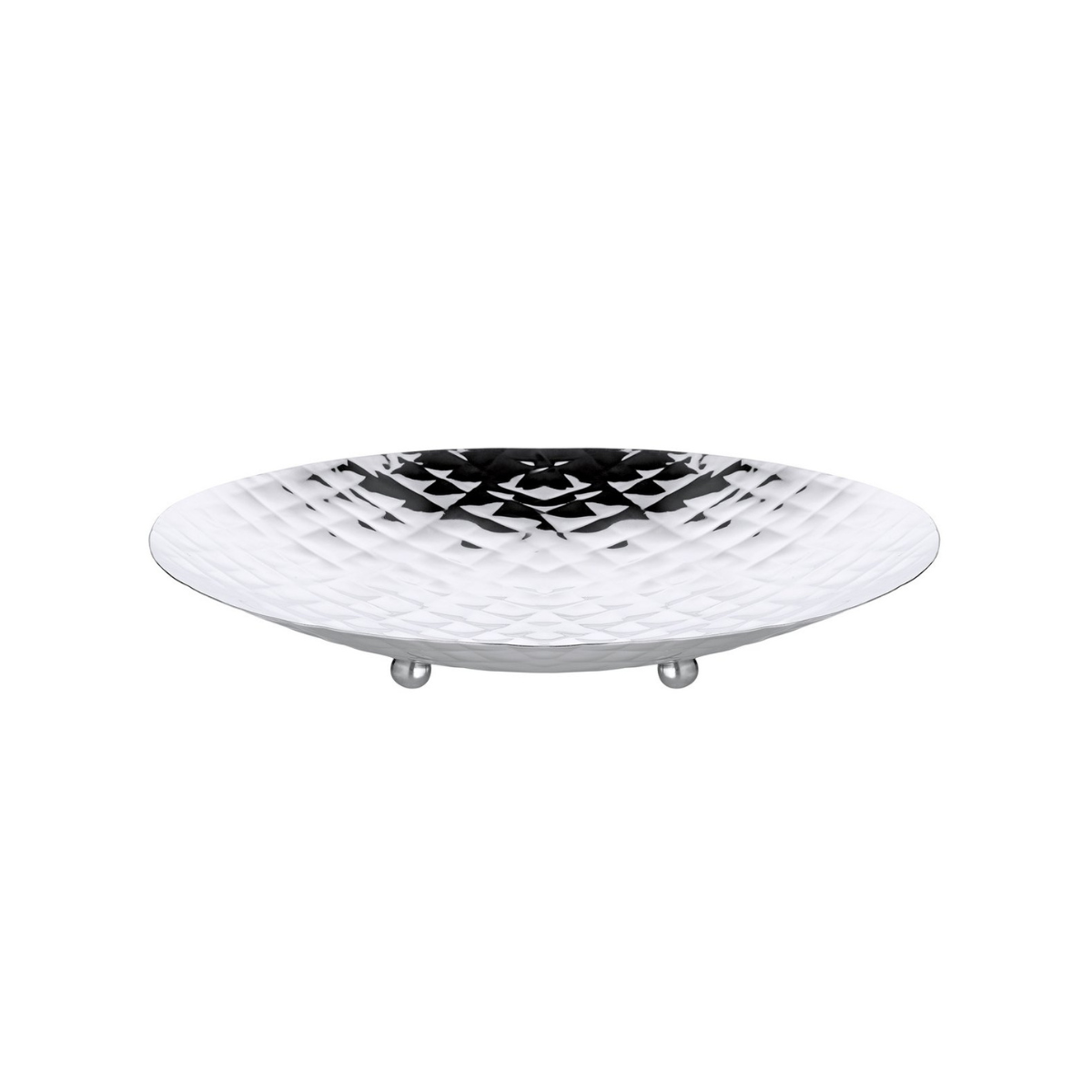Round stainless steel plate with geometric pattern on a white background