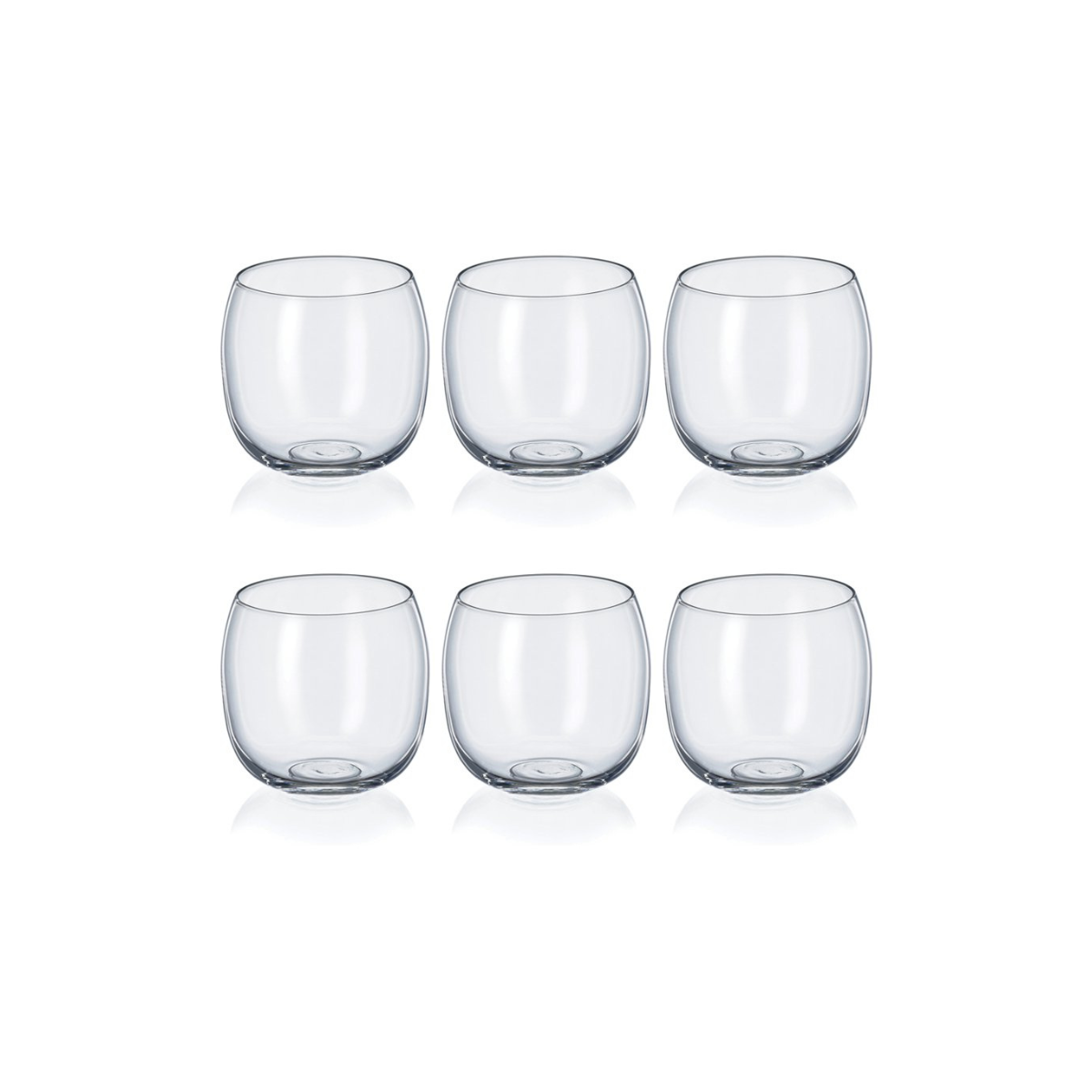 Set of six clear glass tumblers on a white background