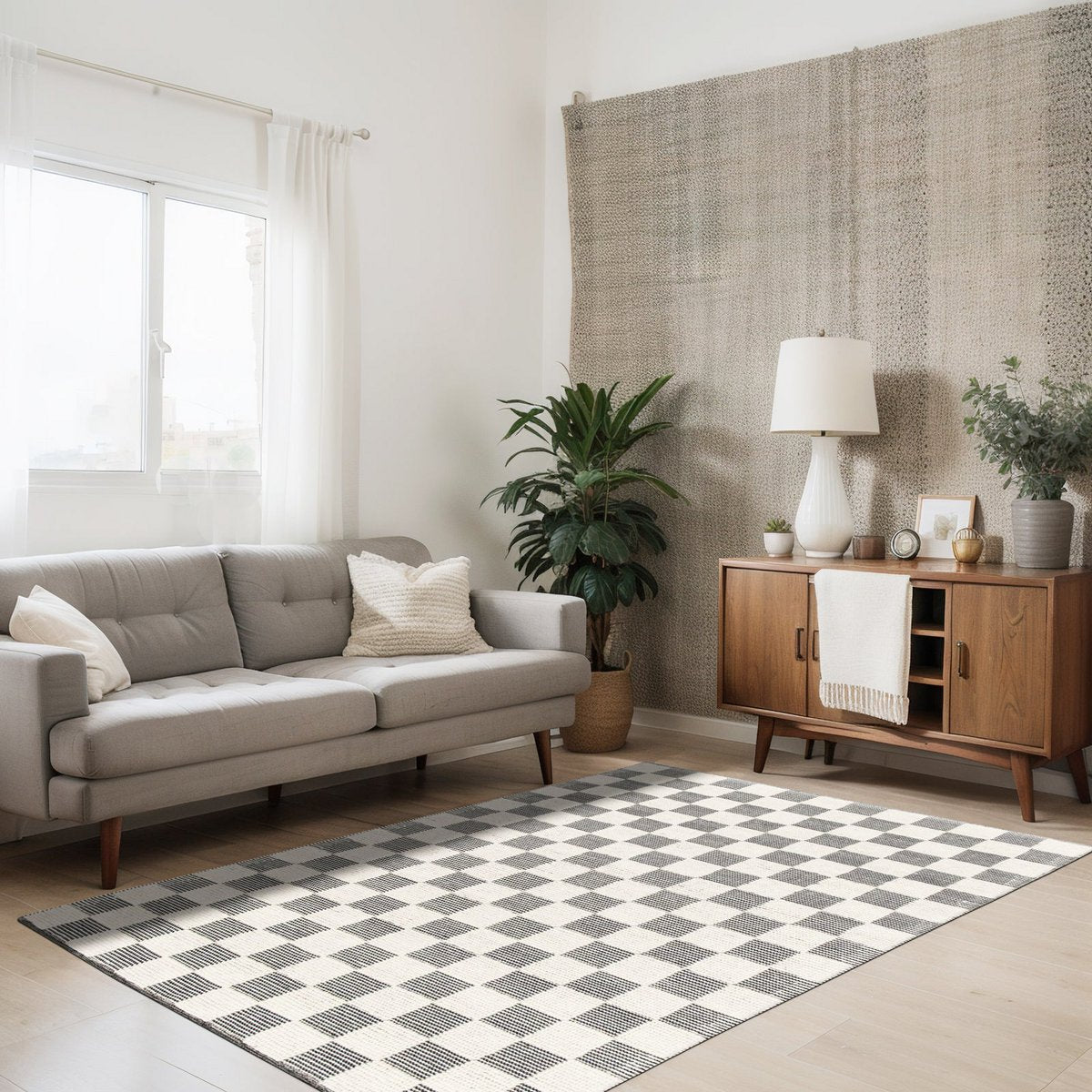 Soft handmade wool and cotton plaid rug