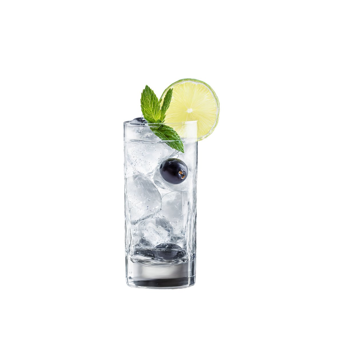 Cocktail with lime, blueberry, and mint in a glass on a white background