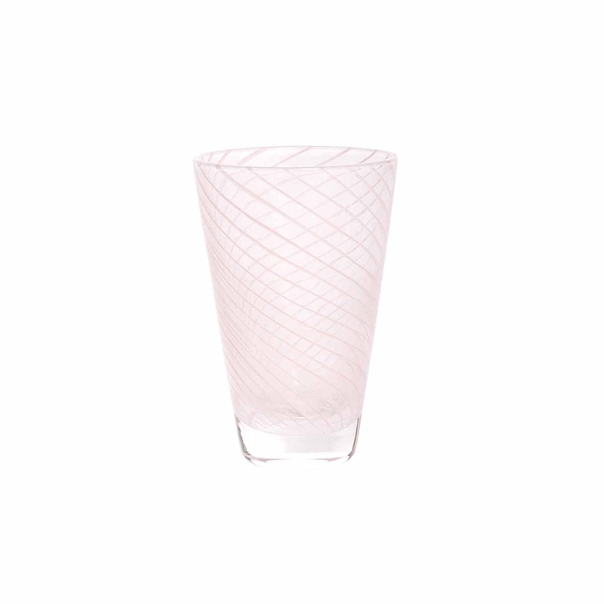 Clear glass tumbler with pink wavy pattern on a white background