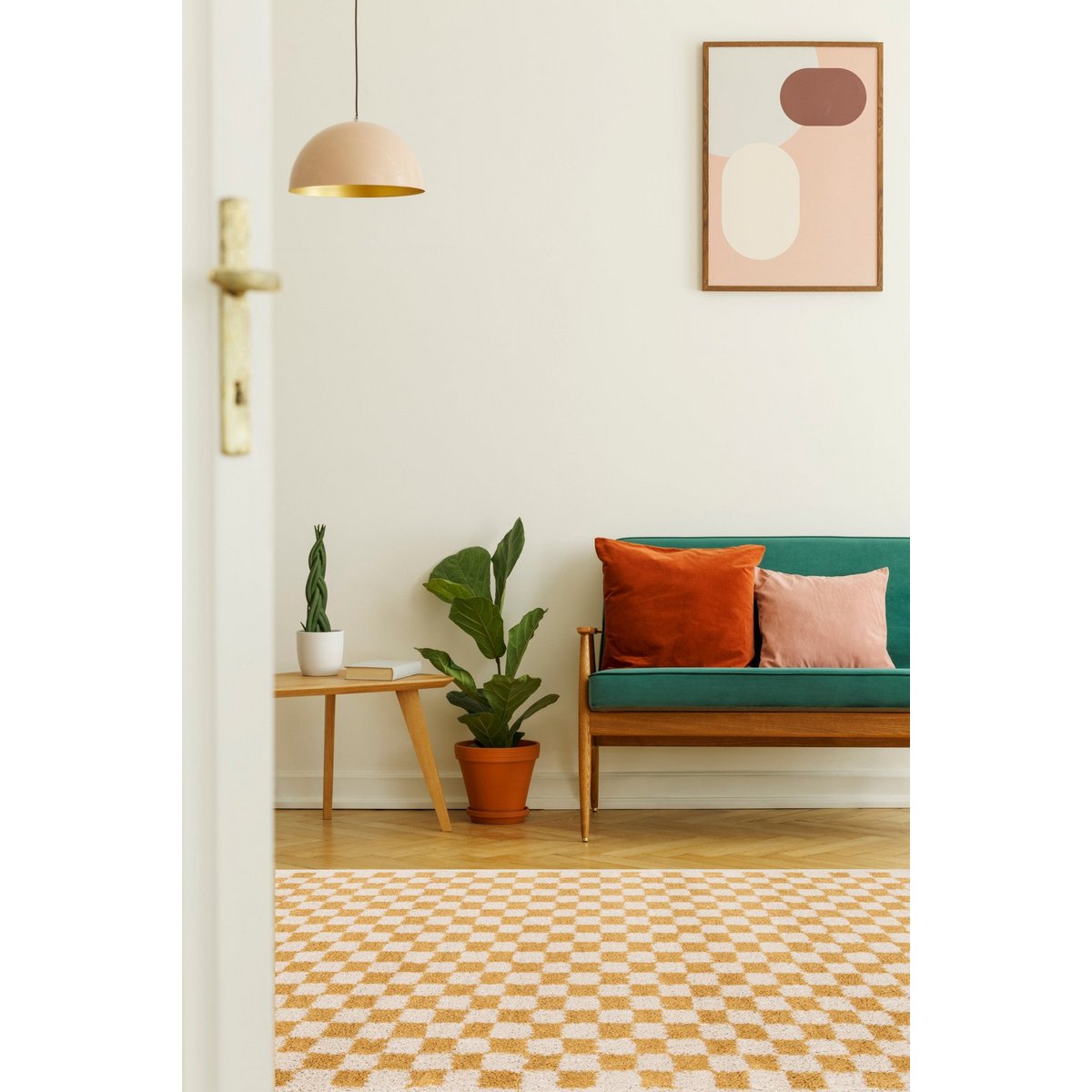 Soft and bulky chequered rug - Yellow