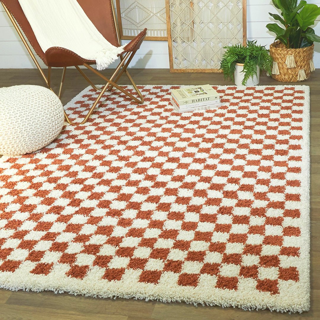 Soft and bulky chequered rug - Terracotta