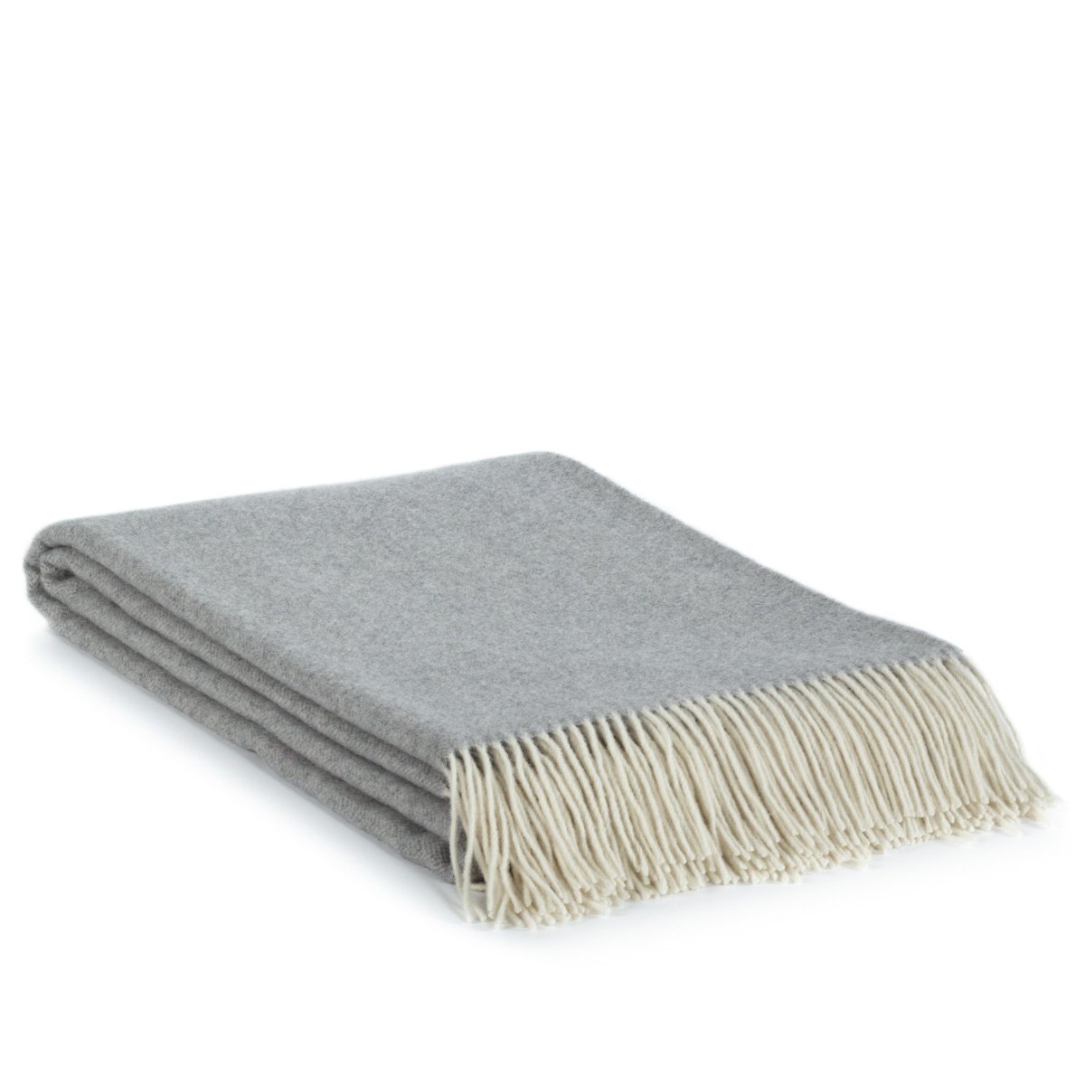 Gray throw blanket with white fringe on a white background