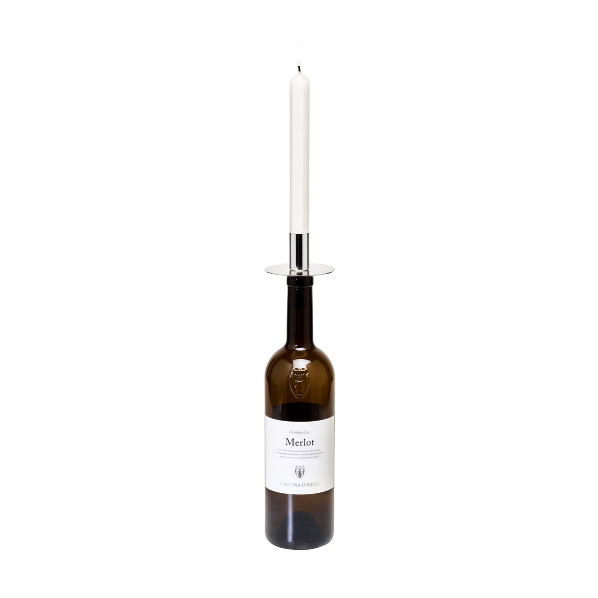 Wine bottle with a candle inside on a white background