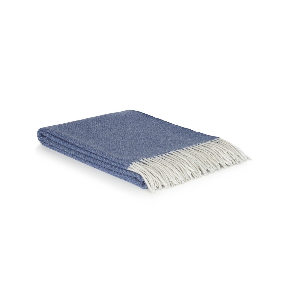 Blue throw blanket with white fringe on a white background