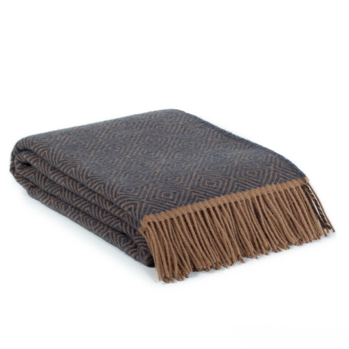 Folded brown and gray patterned blanket with fringes on a white background