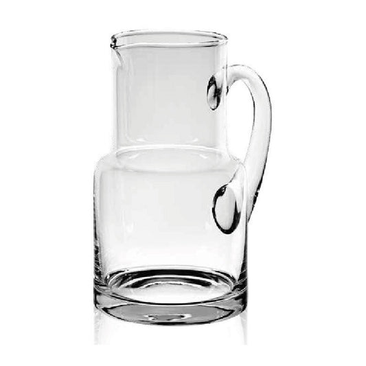 Clear glass pitcher with handle on a white background