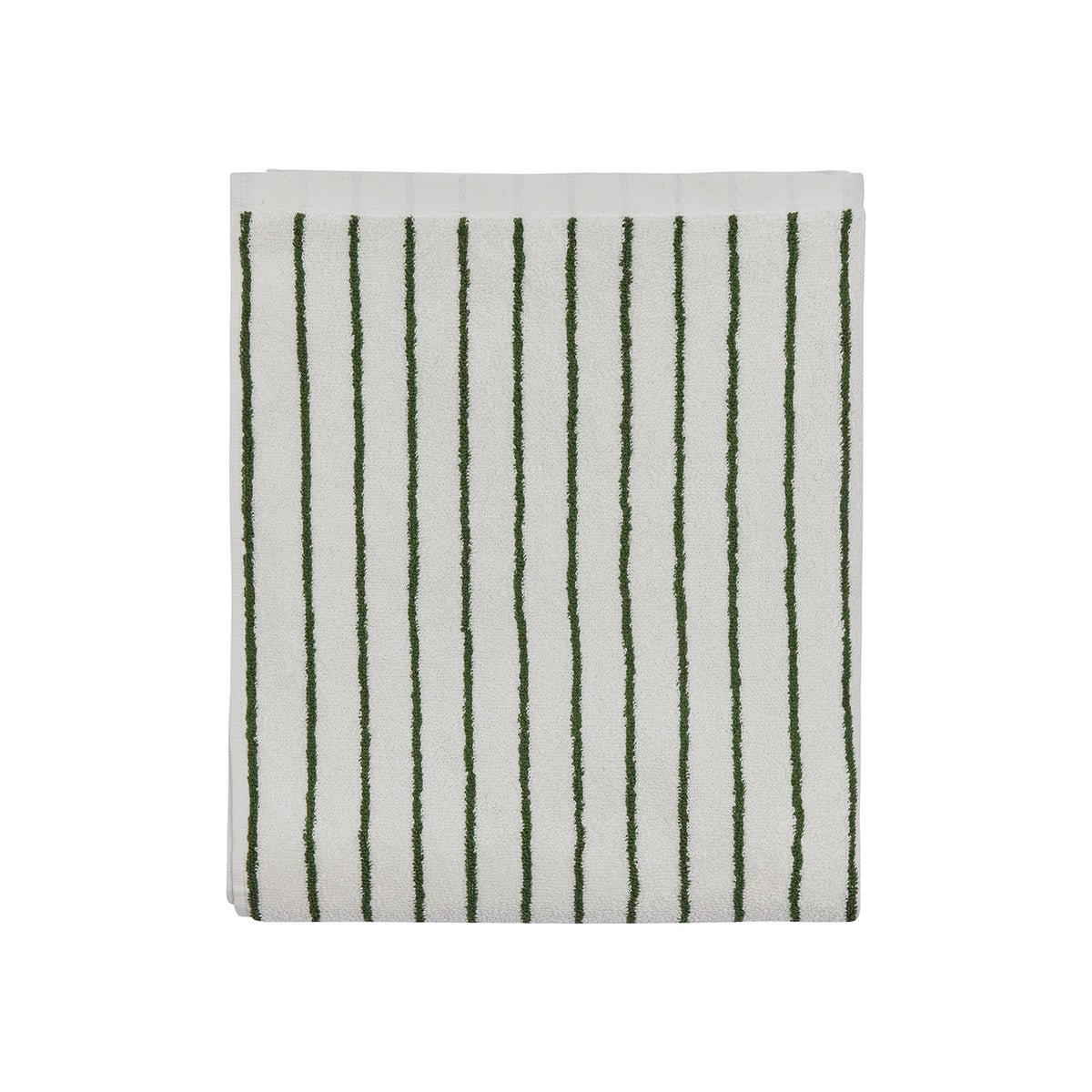 White towel with green  vertical stripes on a white background