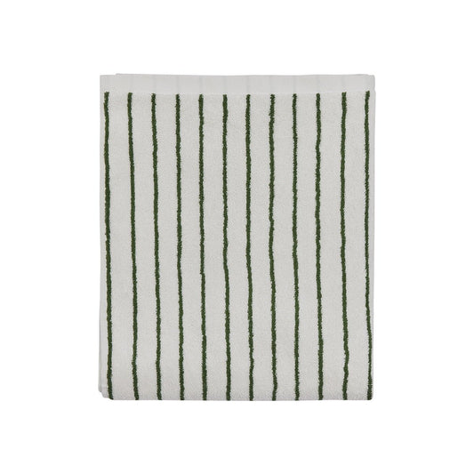White towel with green  vertical stripes on a white background