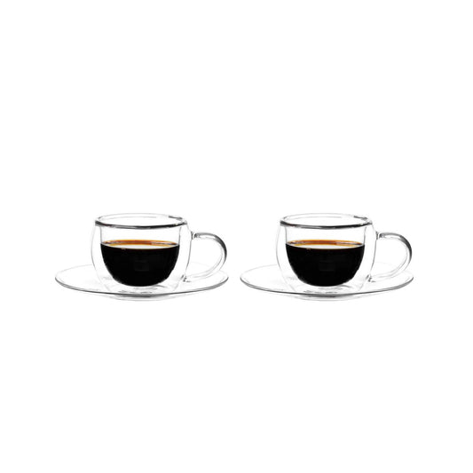 Two clear glass coffee cups with black coffee on a white background