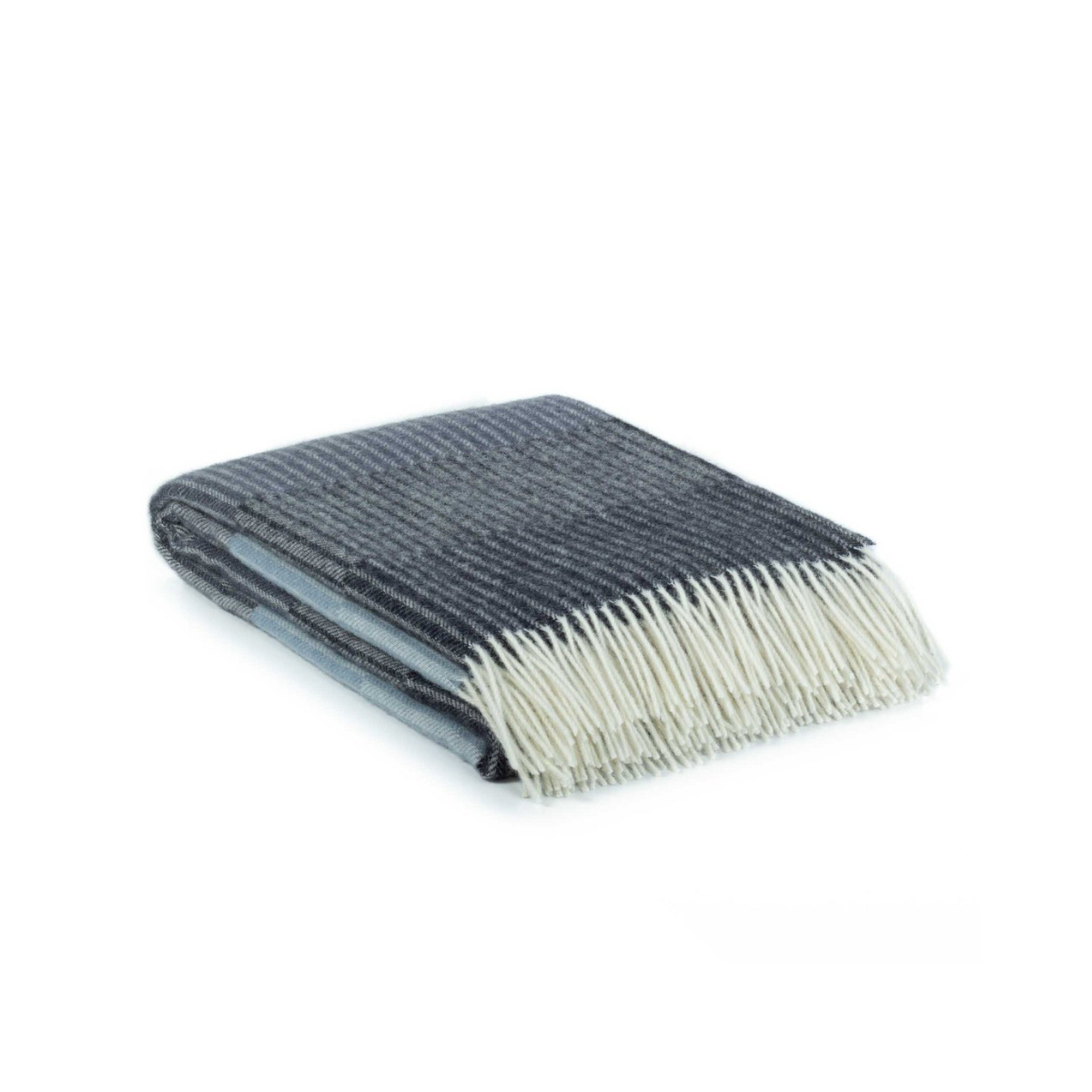 Folded blue and white wool blanket on a white background