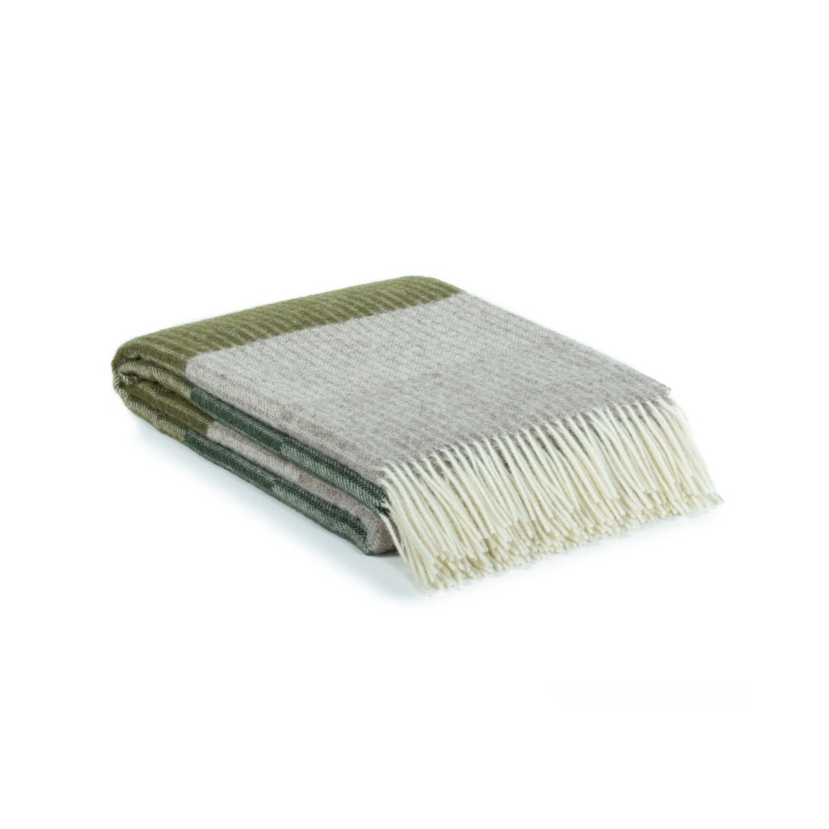 Folded blanket with green, gray, and white stripes on a white background