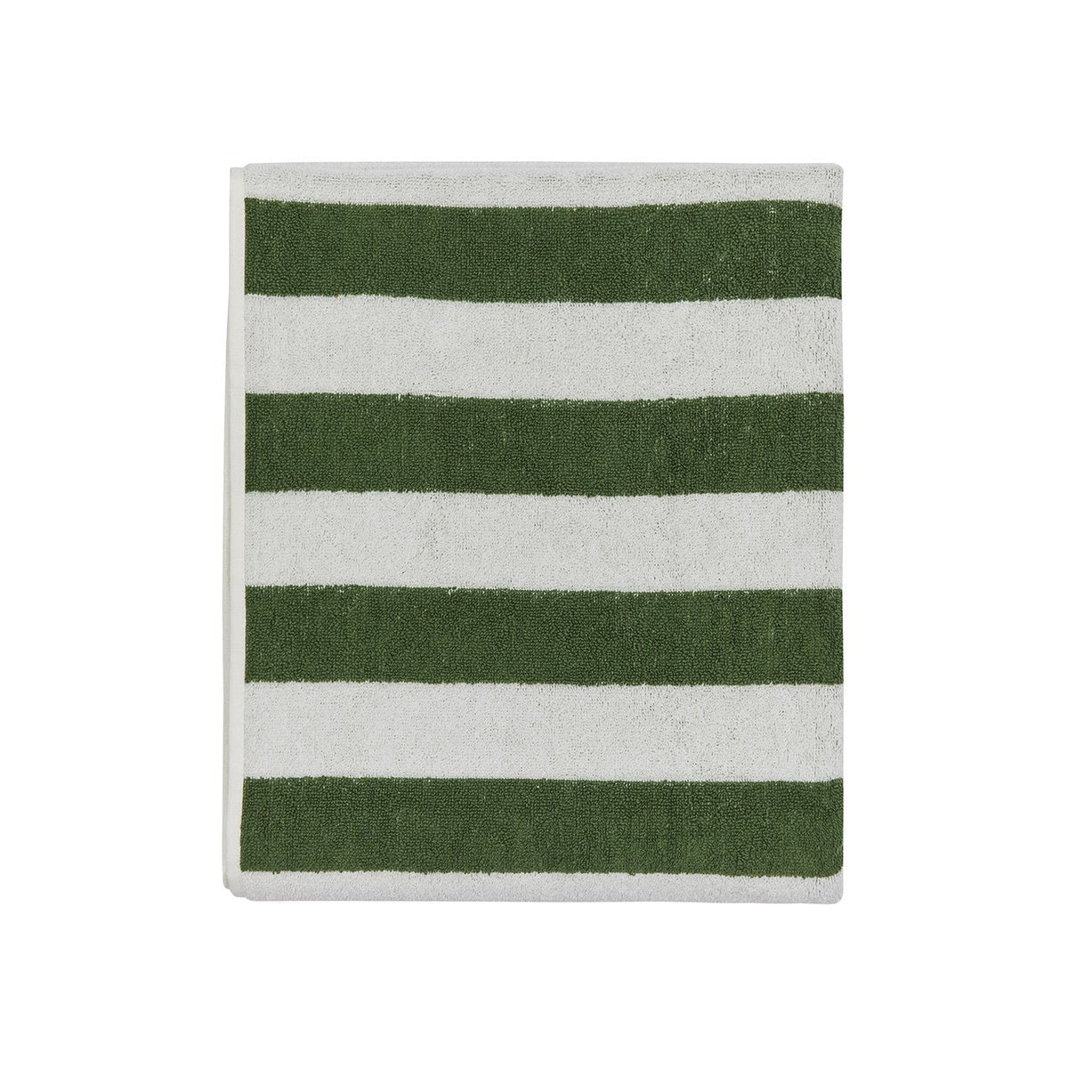 Rectangular bath towel with green and white stripes on a white background