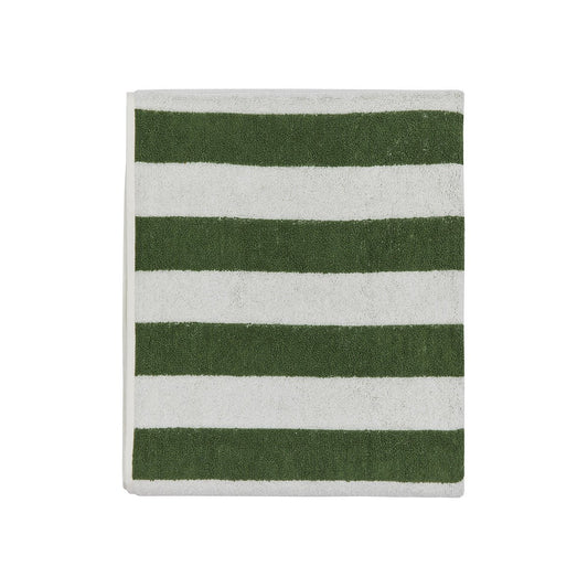 Rectangular bath towel with green and white stripes on a white background