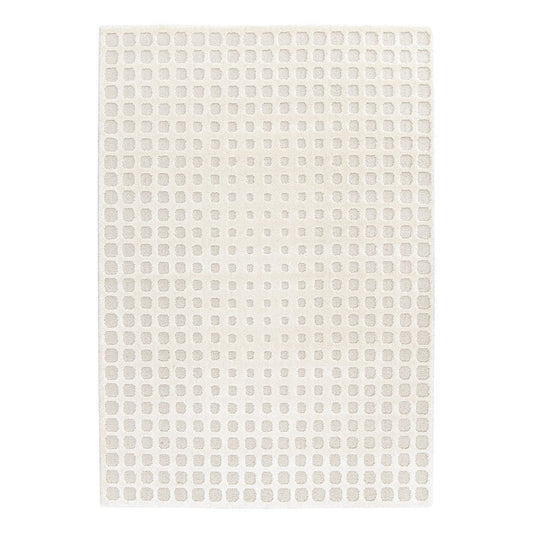 Cream woven mat with a grid pattern on a white background