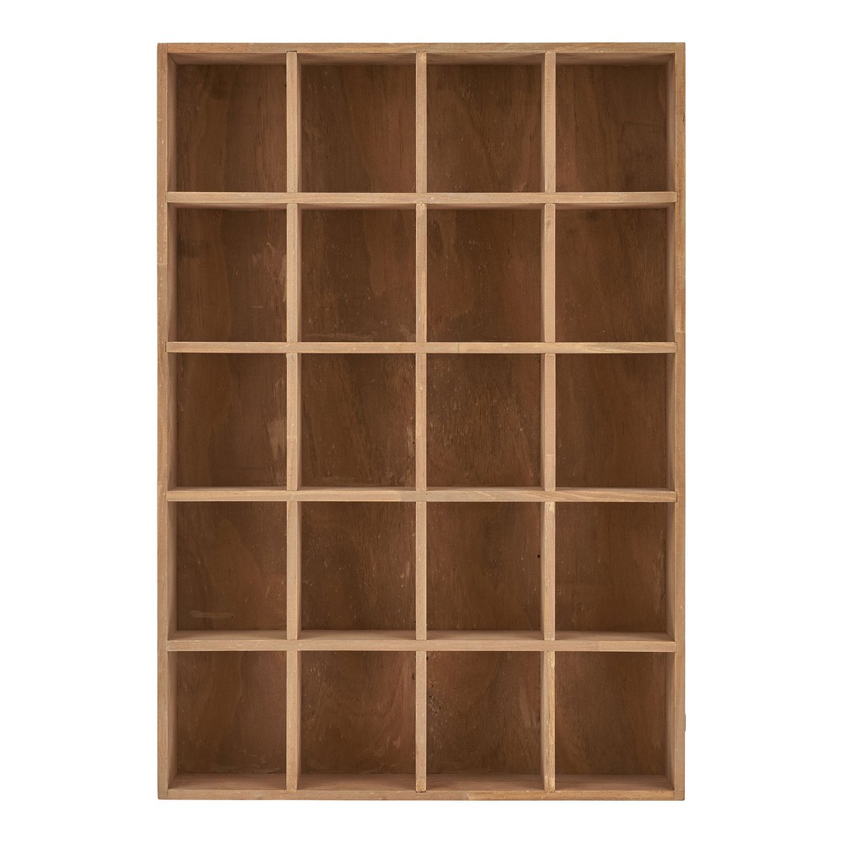 Wooden bookshelf with 20 square compartments on a white background