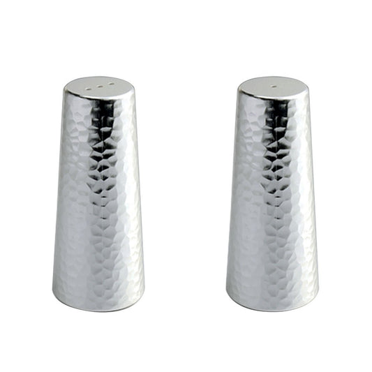 Two silver salt and pepper shakers with a hammered texture on a white background