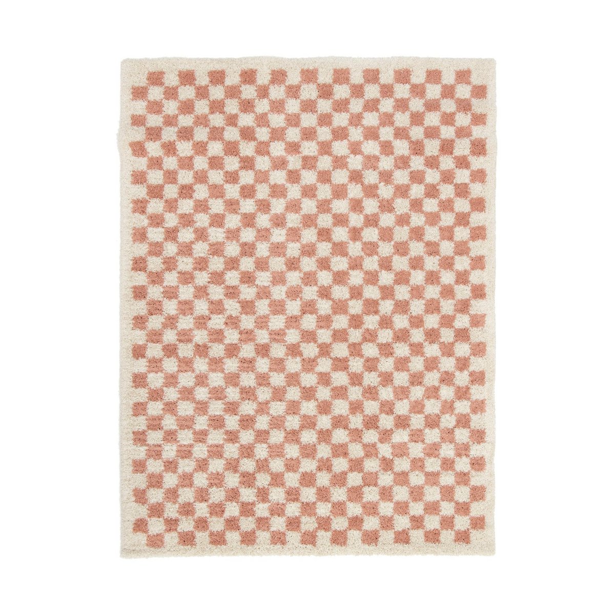 Checkered rug with pink and white pattern on a white background
