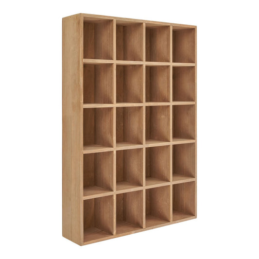 Wooden bookshelf with 20 square shelves on a white background