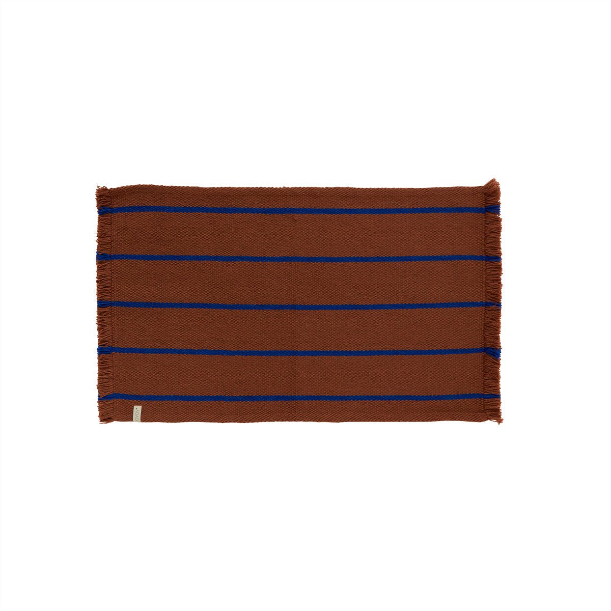 Caramel woven mat with blue stripes on a white background