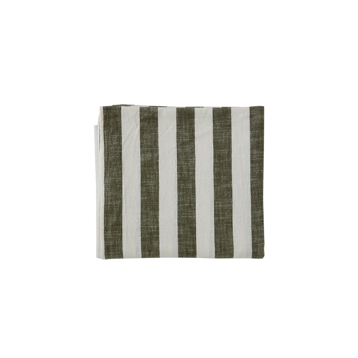 Striped table cloth with green and white stripes on a white background