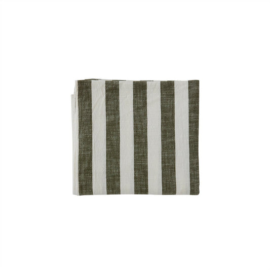 Striped table cloth with green and white stripes on a white background