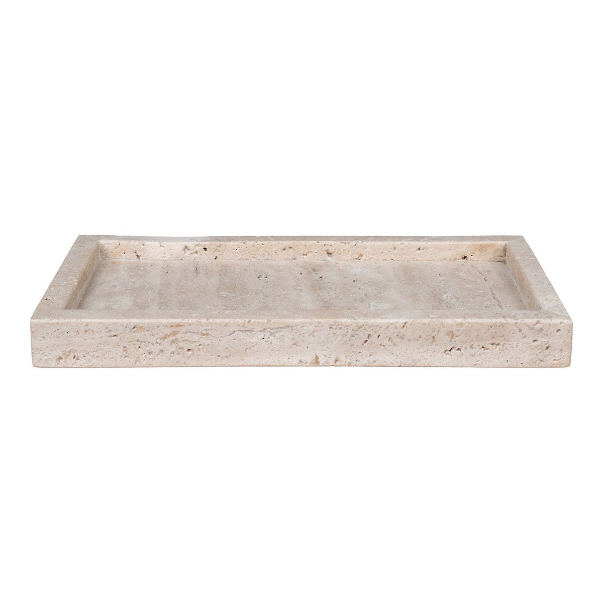 Beige travertine stone rectangular tray on a white background