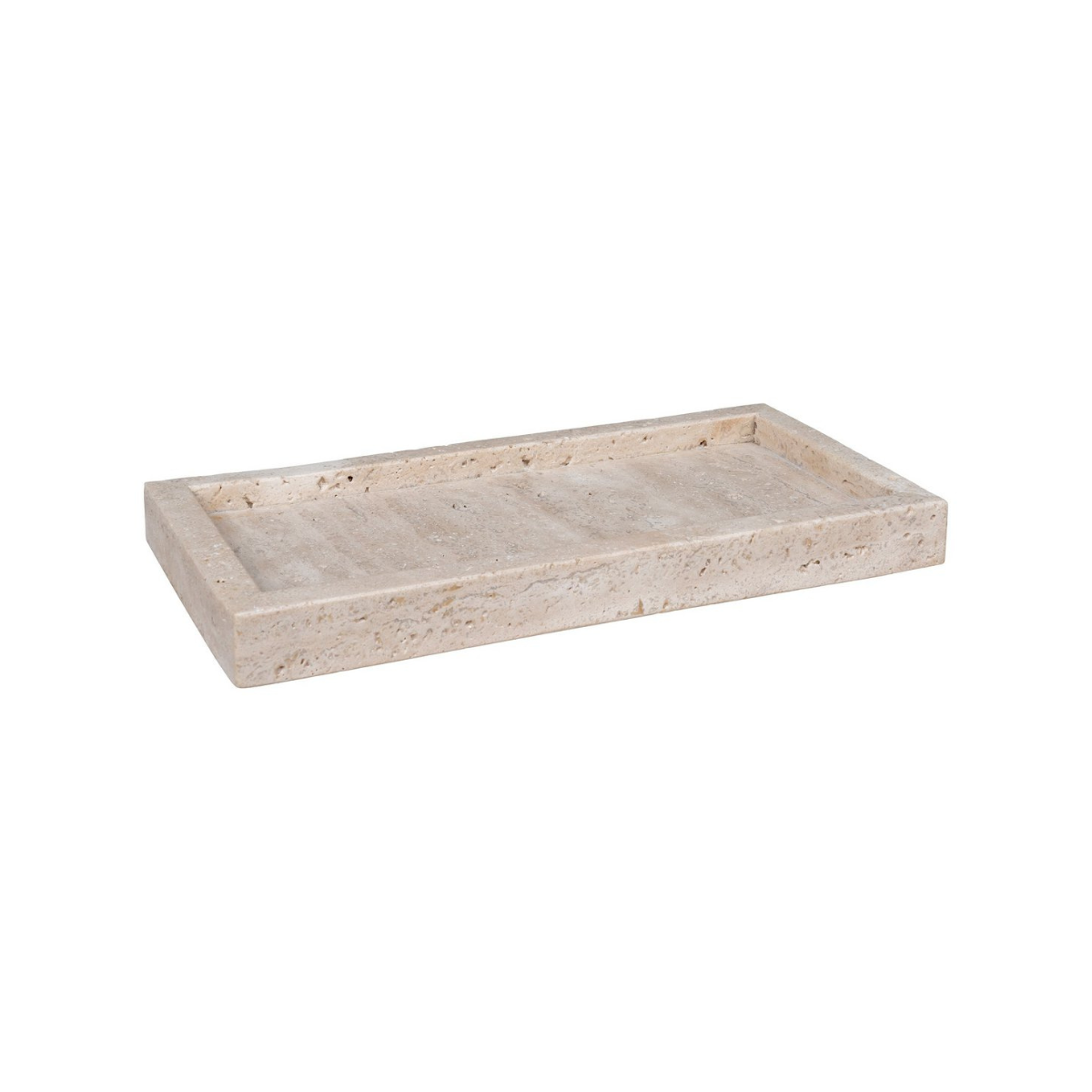 Beige travertine stone rectangular tray on a white background