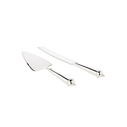 Silver cake server set on a white background
