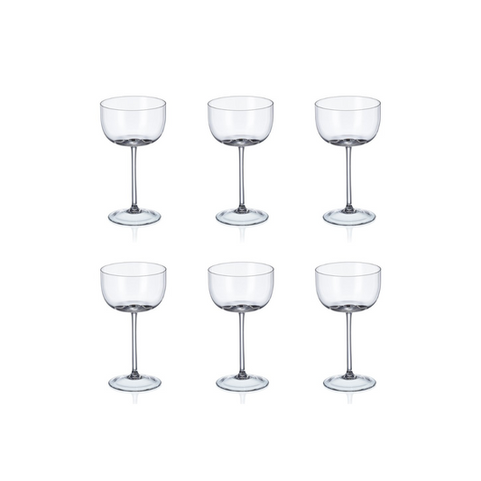 Set of six clear glass wine champagne glasses on a white background