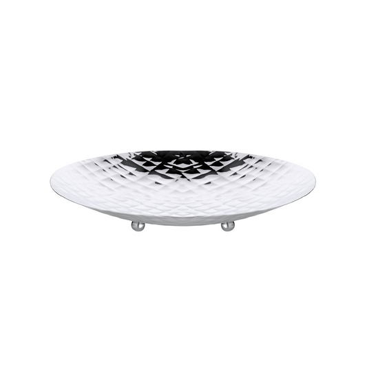 Round stainless steel plate with geometric pattern on a white background