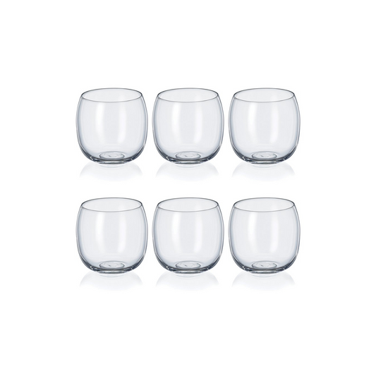 Set of six clear glass tumblers on a white background