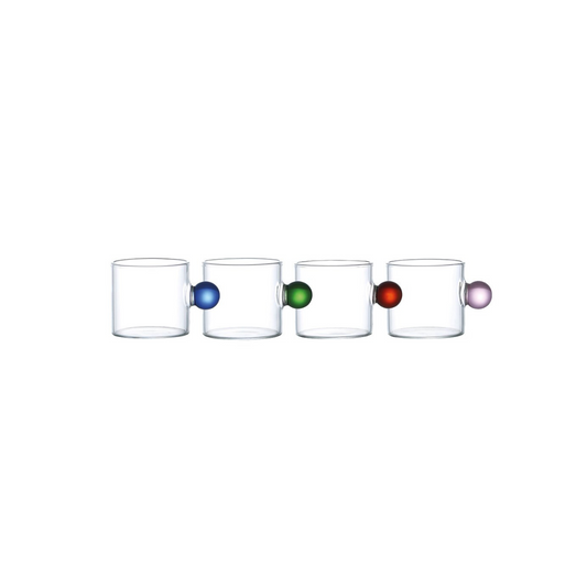 Four transparent mugs with coloured balls inside on a white background