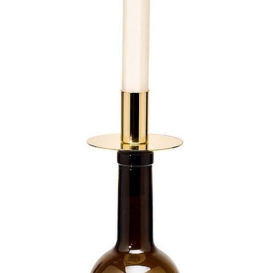 Wine bottle candle holder with a lit candle on a white background