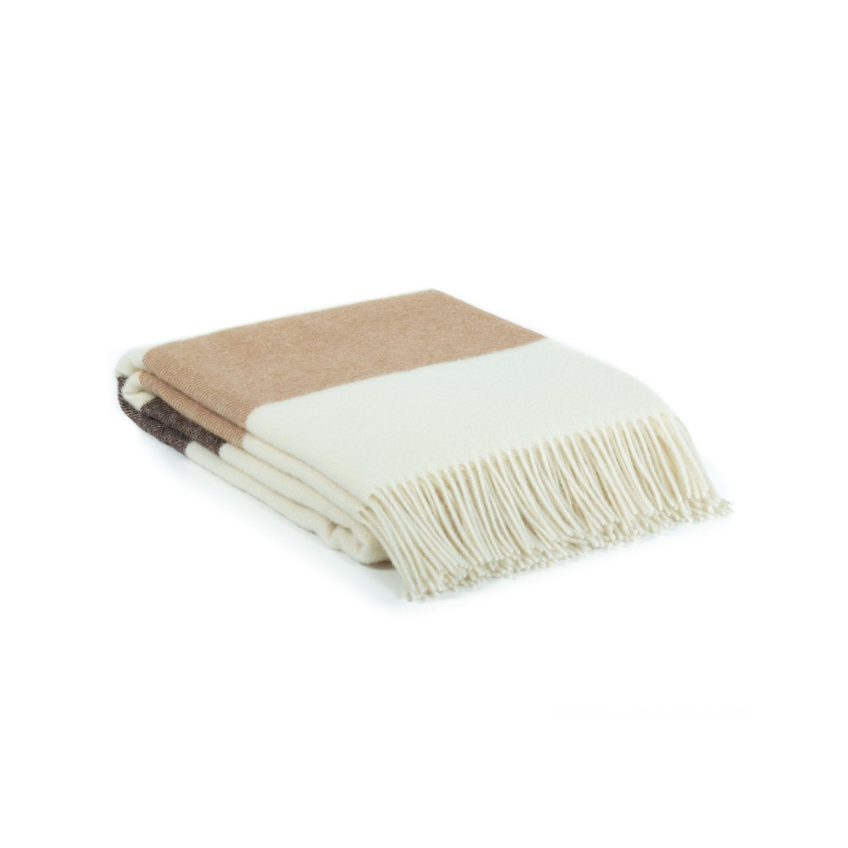 Folded blanket with brown, white, and beige colors on a white background