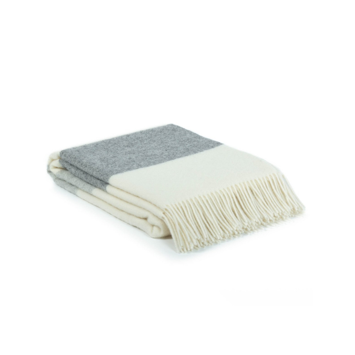 Gray and white checkered blanket with fringes on a white background