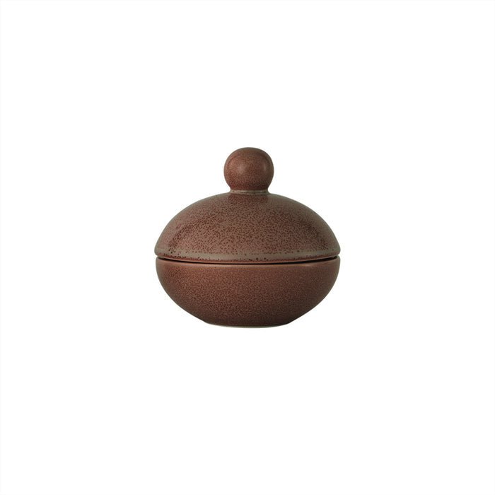 Brown ceramic container with a lid on a white background
